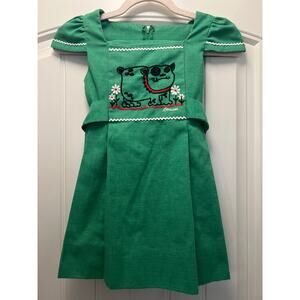 Vintage Dorissa Girls Puff Sleeve Dog Embroidery‎ Ric-Rac Trim Dress 6X Green